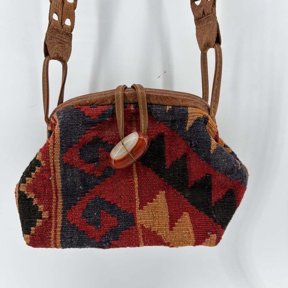 VTG Kilim Tooled Leather Purse Bag With Agate Stone Closure Southwestern Style